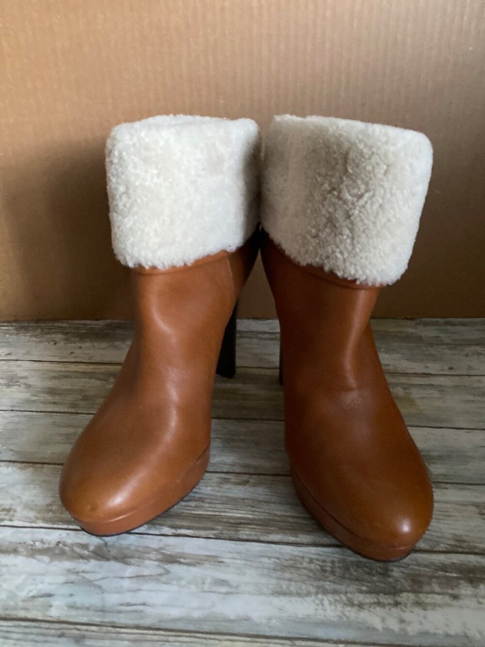 Coach Apple A7019 Leather Shearling Platform Ankle Boots Tan Size 11B - Picture 3 of 14